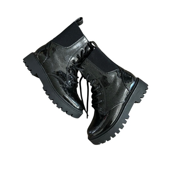 Other - Kids Black Patent Glitter Combat Boots Lace Up Chunky‎ Sole Size 13
